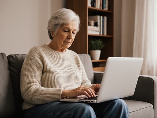 60대 유럽계 여성이 편안한 니트 스웨터와 청바지를 입고 아늑한 홈 오피스의 소파에 앉아 있습니다. 그녀는 노트북 키보드를 가볍게 두드리며 차분한 표정을 짓고, 책장과 작은 화초가 있는 아늑하고 초대하는 분위기를 연출하고 있습니다.