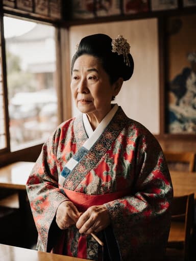 전통 한복을 입은 70대 한국인 여성의 반신 사진으로, 전통 놀이를 즐길 수 있는 아늑한 카페 내부에 서 있습니다. 그녀는 놀이 도구를 들고 있으며 지루한 표정을 짓고 있어, 카페의 생기 넘치는 분위기와 대조를 이룹니다.