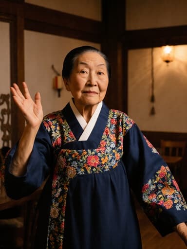 70대 한국인 여성이 화려한 자수가 돋보이는 전통 한복을 입고 우아하게 춤추며 슬픈 표정을 짓고 있는 모습이 따뜻하고 아늑한 카페 내부 배경과 함께 담겨 있습니다.