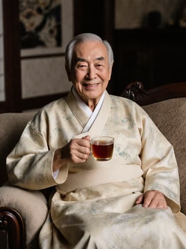 80대의 백인 남성이 반신 촬영으로 담겨 있으며, 부드러운 패턴의 전통 한복을 입고 소파에 편안히 앉아 차를 즐기고 있습니다. 그의 따뜻한 미소와 차분한 표정이 전통 소품으로 가득한 아늑한 거실의 분위기를 만들어냅니다.