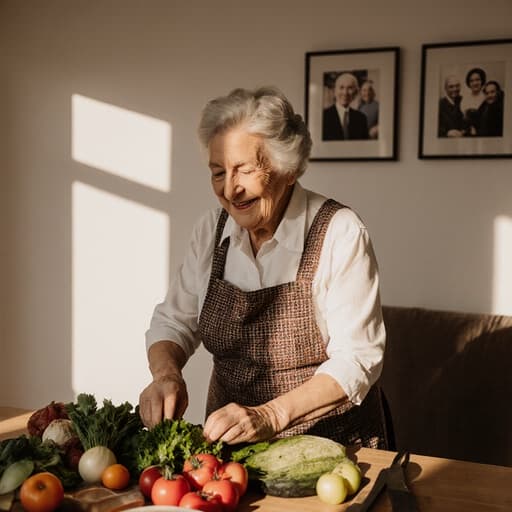 70대의 유럽계 여성이 전통적인 주방복과 앞치마를 입고 아늑한 거실에서 서 있는 반신 사진. 그녀는 식탁 위에서 요리 재료를 정리하고 있으며, 요리에 대한 열정을 드러내는 따뜻한 미소를 지으며 창문을 통해 들어오는 자연광과 벽에 걸린 가족 사진으로 둘러싸여 있습니다.