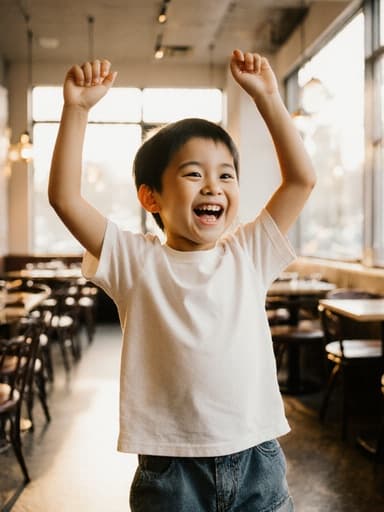이미지는 편안한 티셔츠와 반바지를 입고 신나게 춤추고 있는 7세의 동양인 남자 아이를 보여줍니다. 그의 웃음소리가 카페 안에 가득하고, 팔을 높이 들어 올리며 자유로운 영혼을 표현하고 있습니다. 창문을 통해 들어오는 햇빛이 장면의 즐거운 분위기를 더욱 부각시킵니다.