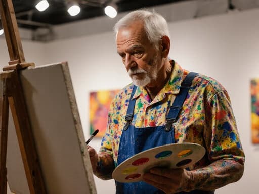 60대의 자신감 넘치는 라틴 남성이 밝게 조명이 비추는 갤러리에서 화려한 작업복을 입고 물감이 묻어 있습니다. 그는 팔레트와 브러시를 들고 캔버스에 집중하고 있으며, 갤러리에는 다양한 예술 작품들이 전시되어 있어 그의 창의력에 대한 열정을 강조하는 영감을 주는 분위기를 만들어냅니다.