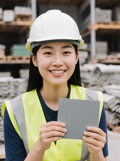 자신감 넘치는 10대 후반 아시아계 여성이 안전 헬멧과 작업복을 착용하고, 건축 자재 샘플을 손에 들고 앉아 긍정적인 표정을 짓고 있습니다. 이미지의 반신 샷은 그녀의 자연스러운 아름다움과 건축 환경의 활기찬 에너지를 보여주며, 배경에는 다양한 건축 자재들이 배열되어 있습니다.