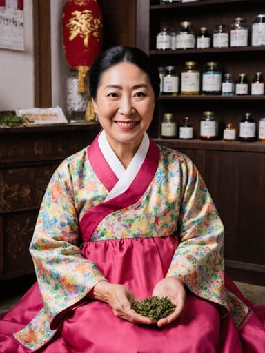 이 이미지는 화사한 전통 한복을 입은 50대 흑인 여성의 반신 사진을 담고 있습니다. 그녀는 아늑한 한의원 바닥에 앉아 있으며, 친근한 미소를 지으며 한약재를 들고 있습니다. 전통 의사의 본질을 표현하며, 장식 요소와 한약재가 진열된 배경 속에서 따뜻한 분위기를 연출합니다.