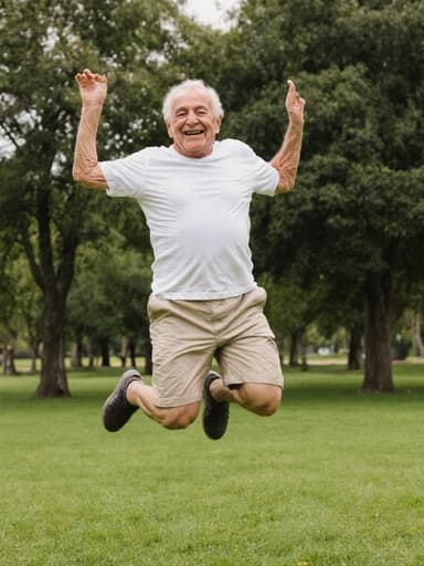 80대 백인 남성이 편안한 티셔츠와 반바지를 입고, 평화로운 공원에서 푸른 잔디와 나무들 사이에서 즐겁게 점프하며 웃고 있는 전신 사진.