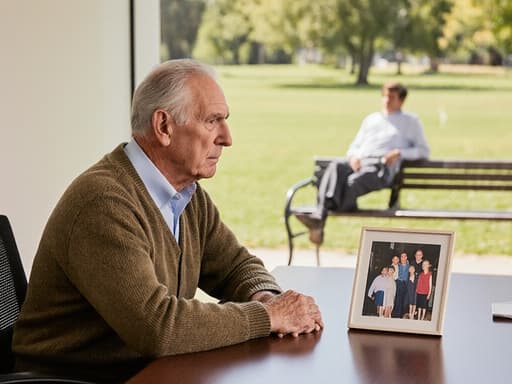 이 이미지는 70대의 혼혈 남성이 공원 벤치에 앉아 회의실 테이블 위의 가족 사진을 바라보며 걱정스러운 표정을 짓고 있는 모습입니다. 그는 편안한 카디건과 슬랙스를 착용하고 있으며, 밝은 햇살이 그를 감싸고 있는 공원의 고요한 분위기를 더합니다.
