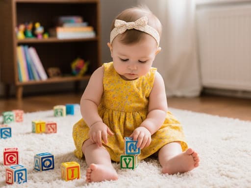 아기용 드레스를 입은 1세 백인 여아가 사랑스러운 표정으로 아늑한 거실의 카펫 위에 앉아 알파벳 블록을 가지고 노는 모습의 반신 사진.