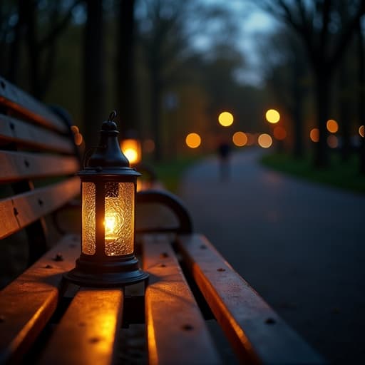 도시의 공원 벤치 위에 아늑한 램프, 저녁의 부드럽고 따뜻한 빛, 복잡한 텍스처, 매끄러운 표면에 비치는 빛의 반사, 나무와 산책로가 있는 자연 환경, 부드러운 그림자, 고요한 분위기.