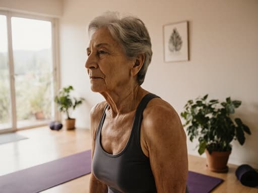 60대 라틴계 여성의 반신 사진, 자연스럽고 편안한 요가복을 입고 요가 매트 위에 서 있으며 피곤한 표정을 짓고 있는 모습, 부드러운 조명과 식물이 있는 아늑한 요가 센터 배경이 어우러져 평화로운 분위기를 전달합니다.