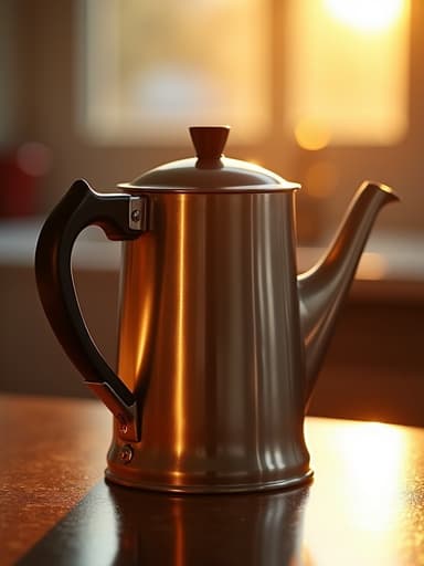 주방 조리대에 따뜻한 황금빛 노을에 의해 밝혀진 주전자가 놓여있어, 평화롭고 초대하는 분위기를 만들어냅니다.