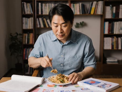 40대 아시아계 남성이 캐주얼한 셔츠와 청바지를 입고, 아늑한 스터디룸에서 책상 위에 놓인 언어 학습 자료를 바라보며 음식을 즐기고 있는 모습입니다.