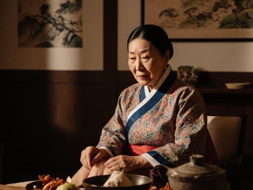 화려한 자수가 돋보이는 전통 한복을 입은 70대 한국인 여성이 아늑한 주방에서 전통 음식을 위한 재료를 고르고 있는 모습으로, 따뜻한 조명 아래 한지 장식이 걸려 있습니다.