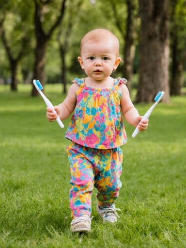 화사한 옷을 입은 1세 백인 여성 아기가 칫솔을 들고 불안한 표정을 지으며 공원 잔디 위에서 뛰어가는 전신 사진입니다.