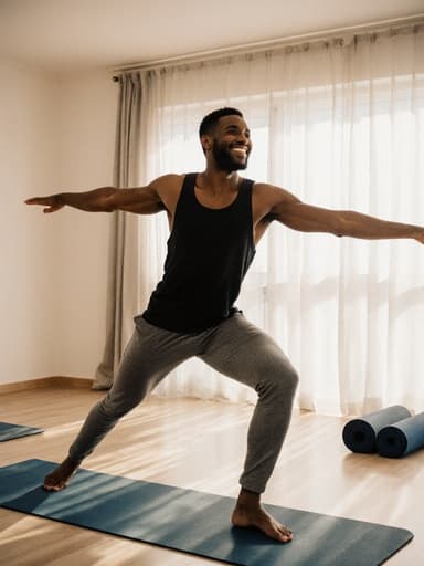 20대 아프리카계 남성이 편안한 요가복을 입고 밝게 웃으며 자신감 있게 팔과 다리를 활짝 펼친 스트레칭 자세를 취하고 있는 반신 사진. 아늑한 요가 센터 내부에서 부드러운 조명과 요가 매트가 깔려 있어 따뜻하고 초대하는 분위기를 연출하고 있습니다.