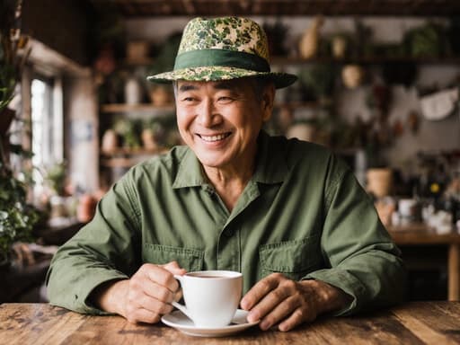 친환경 작업복을 입은 50대 동양인 남성이 테이블 위의 커피 잔을 바라보며 미소 짓고 있는 모습, 농업 관련 소품으로 아름답게 꾸며진 실내 공간에서 따뜻함과 지속 가능성을 전달합니다.