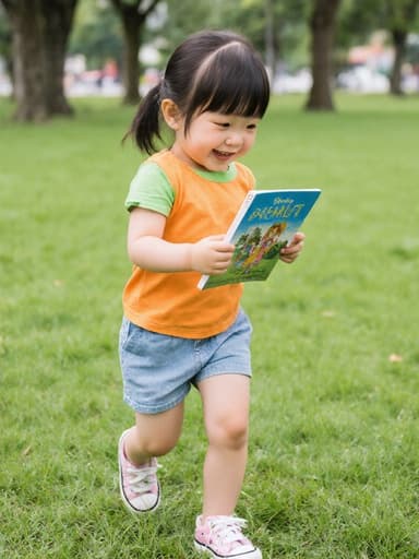 이 이미지는 평화로운 공원에서 걷고 있는 사랑스러운 3세의 동양인 여아가 다채로운 그림책을 들고 있는 모습을 담고 있습니다. 그녀의 밝은 옷차림과 귀여운 스니커즈는 매력적인 외모를 더욱 강조하며, 책을 바라보는 행복한 표정이 나타납니다.