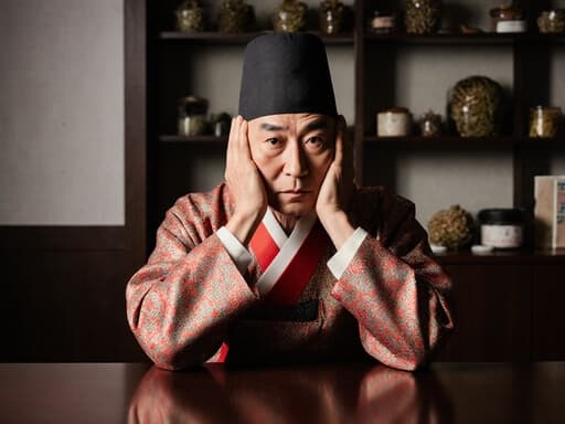 60대 백인 남성이 전통 한복을 입고 전통 한의원의 회의 테이블에 앉아 있는 반신 사진. 그는 자연스러운 외모를 가지고 있으며, 두 손으로 머리를 감싸며 당황하고 호기심 가득한 표정을 짓고 있습니다. 배경은 한약재로 가득한 진열대가 있는 차분하고 매력적인 분위기를 자아냅니다.