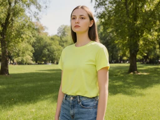20대의 유럽계 여성의 반신 샷으로, 자연스러운 외모를 가진 그녀는 밝은 색의 티셔츠와 청바지를 입고 있습니다. 진지한 표정을 지으며 상담을 기다리는 듯한 자세로 공원에서 푸른 잔디와 나무들 사이에 서 있고, 부드러운 햇빛이 비추고 있습니다.
