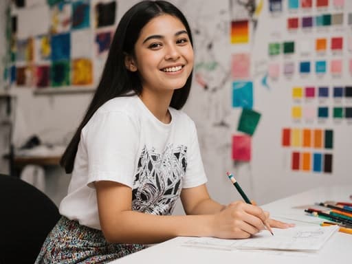 자신감 있는 10대 초반의 라틴계 소녀가 창의적인 작업 공간에 앉아 연필로 디자인 아이디어를 스케치하고 있습니다. 그녀는 트렌디한 티셔츠와 스타일리시한 스커트를 입고 있으며, 매력적인 미소로 자연스러운 아름다움을 발산하고 있습니다. 배경에는 다양한 디자인 스케치와 색상 샘플이 가득하여 그녀의 예술적 노력의 영감을 주는 분위기를 더합니다.