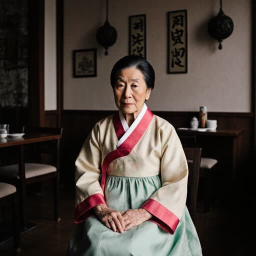 80대 한국인 여성이 전통 카페에 앉아 있는 반신 촬영, 화려한 한복을 입고 지루한 표정을 지으며 무릎 위에 손을 올리고, 전통 한국 장식으로 둘러싸인 모습.