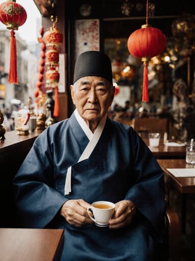 70대 동양인 남성이 전통 한복을 입고 의자에 앉아 슬픈 표정을 지으며 차를 들고 있는 반신 촬영. 도심의 카페 배경은 전통 축제의 장식으로 가득 차 있으며, 따뜻한 분위기가 남성의 감정과 대조를 이루고 있습니다.