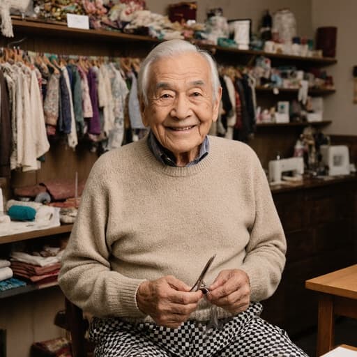 아늑한 카페에서 바느질 도구를 손에 들고 미소짓고 있는 80대 라틴계 남성의 반신 사진. 그는 편안한 니트 스웨터와 체크무늬 바지를 입고 있으며, 다양한 바느질 작품들로 둘러싸인 따뜻한 분위기를 자아냅니다.