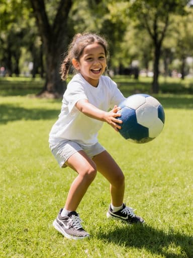 건강하고 활기찬 7세 혼혈 여아의 전체 신체 샷으로, 햇빛이 비치는 공원에서 편안한 티셔츠와 반바지를 입고 운동화를 신고 있습니다. 그녀는 공을 던질 준비를 하며 활발하고 즐거운 표정을 짓고 있으며, 배경에는 푸른 잔디와 나무들이 햇빛에 비추어 즐거운 분위기를 만들어내고 있습니다.