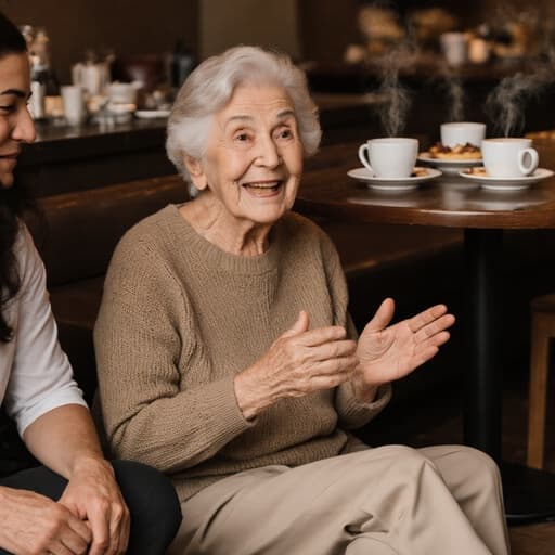 아늑한 카페에서 바닥에 편안하게 앉아 있는 80대의 라틴계 여성의 반신 사진입니다. 그녀는 부드러운 니트 스웨터와 면 바지를 입고 있으며, 차분한 표정으로 가족과의 소중한 순간을 즐기고 있습니다. 그녀는 미소를 지으며 손을 움직이며 대화에 참여하고 있습니다. 배경에는 커피와 디저트가 놓인 테이블이 있는 따뜻한 카페 내부가 있어 초대하는 분위기를 더하고 있습니다.
