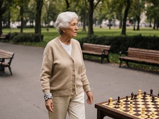 70대 혼혈 여성의 반신 사진으로, 체스판을 바라보며 평화로운 공원을 걷고 있는 모습을 담고 있습니다. 그녀는 편안한 카디건과 바지를 착용하고 있으며, 게임에 대한 열정을 반영하는 체스 관련 액세서리로 꾸며져 있습니다. 배경은 벤치와 나무들이 있는 평화로운 환경을 특징으로 하여 공원의 고요함을 잘 담고 있습니다. 자연스러운 조명이 그녀의 외모를 강조하고 따뜻한 분위기를 만들어내어, 장면을 매력적이고 초대하는 느낌을 줍니다.