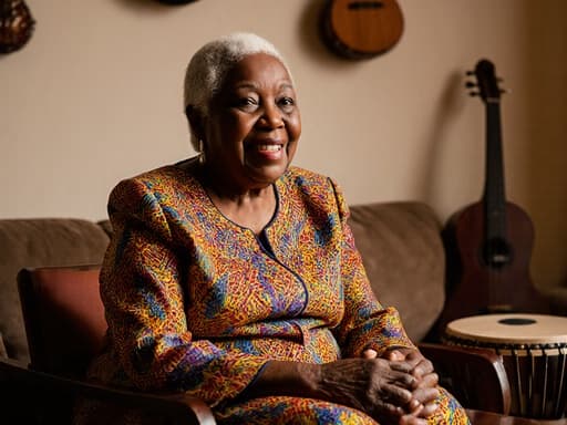 70대의 따뜻하고 자연스럽게 아름다운 흑인 여성이 화려한 전통 아프리카 의상을 입고 반신 촬영된 모습입니다. 그녀는 아늑한 거실에 편안하게 앉아 있으며, 손은 무릎에 올려놓고 정중하게 대화하며 고마운 미소를 짓고 있습니다. 배경에는 전통 음악을 연주할 수 있는 악기로 장식된 따뜻하고 환영하는 공간이 있습니다.