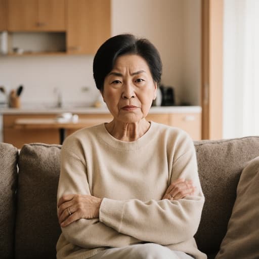아늑한 거실에서, 50대 한국 여성이 편안한 홈웨어를 입고 소파에 앉아 팔짱을 끼고 화난 표정을 지으며 불만을 나타내고 있는 모습이 담긴 반신 촬영입니다. 배경에는 따뜻하고 초대하는 주방이 있어 전체적인 아늑한 분위기를 더하고 있습니다.