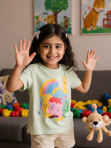 7세 중동계 여아의 반신 사진으로, 밝고 호기심 많은 외모를 가지고 있으며, 화려한 티셔츠와 편안한 반바지를 착용하고 있다. 장난기 가득한 표정으로 동물 인형을 들고 인사하는 모습이 아늑한 거실에서 장난감과 동물 그림으로 장식된 따뜻한 분위기를 전달한다.