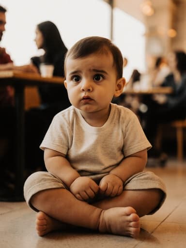 1세 남자 아기, 중동계가 귀여운 티셔츠와 반바지를 입고 크로스 레그로 앉아 있는 반신 촬영입니다. 그는 무서운 표정을 짓고 있으며, 눈을 크게 뜨고 있습니다. 아늑한 카페 내부의 따뜻한 조명 아래, 주변에서는 사람들이 대화하는 모습이 보입니다.