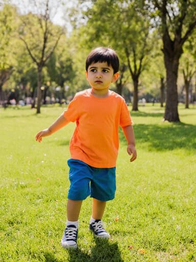 밝은 색상의 티셔츠와 반바지를 입은 3세 중동계 남자아이가 화창한 공원에서 서서 약간 앞으로 기울이며 불안한 표정을 지으며 주위를 살피고 있는 모습. 배경에는 푸른 잔디와 나무들이 보인다.