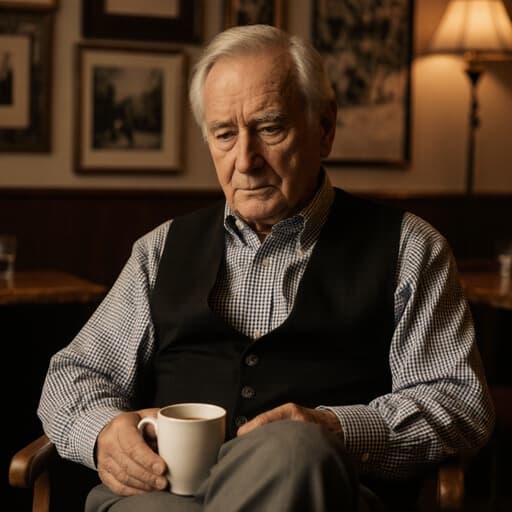 아늑한 카페에서 체크무늬 셔츠와 베스트를 입은 80대 유럽계 남성이 커피잔을 바라보며 깊은 생각에 잠긴 슬픈 표정을 짓고 있는 반신사진, 오래된 사진들과 나무 장식으로 따뜻한 분위기를 자아냅니다.