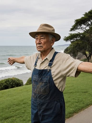 60대 아시아계 남성이 어부 스타일의 작업복과 햇볕을 차단하는 모자를 착용하고 해안가 공원에 서 있습니다. 그는 실망한 표정을 지으며 해양 생태에 대한 걱정을 드러냅니다. 팔을 쭉 뻗고 바다를 바라보며 깊은 생각에 잠긴 자세로, 잔디와 나무, 그리고 멀리 보이는 바다의 파도가 배경을 이루고 있습니다.