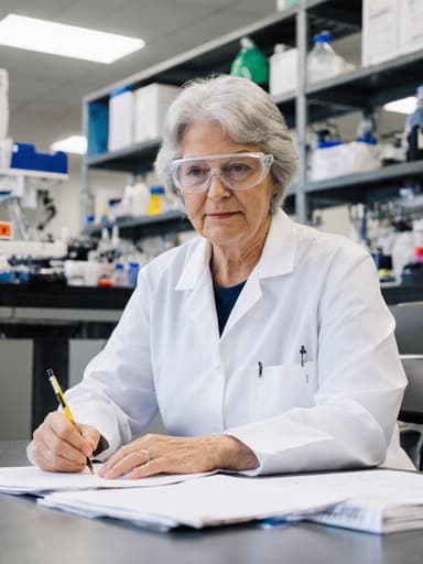 60대 혼혈 여성의 반신 촬영으로, 차분하고 집중한 표정을 짓고 있으며, 실험실 작업복과 안전 안경을 착용하고 있습니다. 바닥에 앉아 연구 자료를 살펴보며 메모를 작성하고 있고, 배경에는 최신 장비가 갖춰진 연구 센터의 다양한 실험 도구와 자료들이 보입니다.