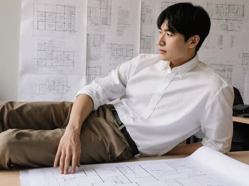 20대의 아시아계 남성이 캐주얼한 셔츠와 슬랙스를 입고 앉아 있으며, 한쪽 다리를 뻗고 도면 위에 손을 올리고 있습니다. 그의 무관심한 표정은 바쁜 사무실에서 앞에 놓인 설계 도면에 대한 생각에 잠긴 순간을 포착하고 있습니다.