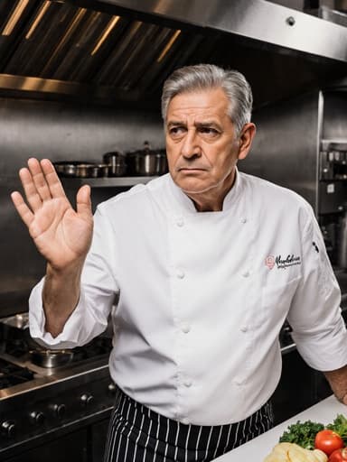 50대 라틴계 남성 셰프의 반신 사진으로, 주방에서의 어려움에 대해 고민하며 걱정스러운 표정을 짓고 있습니다. 한 손은 인사하는 자세로 들고 있으며, 다른 손은 정돈된 조리대 위에 놓여 있습니다. 셰프의 역할과 환경이 강조된 이미지입니다.