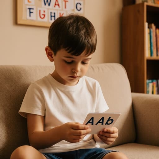 아늑한 거실에서 편안한 티셔츠와 반바지를 입은 귀여운 3세 유럽계 남성이 졸린 표정으로 알파벳 카드를 집중하고 있는 모습. 따뜻한 색감의 배경에는 책장과 알파벳 포스터가 있어 배움의 환경을 조성하고 있습니다.