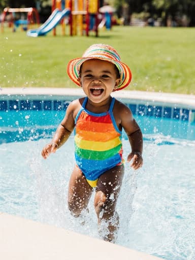 햇살이 비치는 공원의 풀밭과 물놀이 기구를 배경으로, 화려한 수영복과 모자를 쓴 즐거운 표정의 1세 아프리카계 남성 아기가 물가에서 걷고 있으며 물을 튕기고 있는 모습의 전신 사진으로, 여름의 즐거움을 담고 있습니다.
