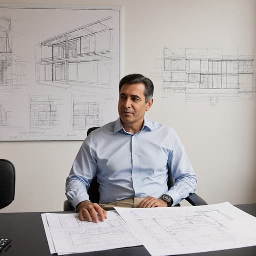 40대 라틴계 남성이 깔끔한 셔츠와 정장 바지를 입고 테이블에 앉아 건축 계획서를 검토하는 모습의 반신 촬영. 배경은 스케치와 청사진으로 가득한 영감을 주는 건축 사무실입니다.