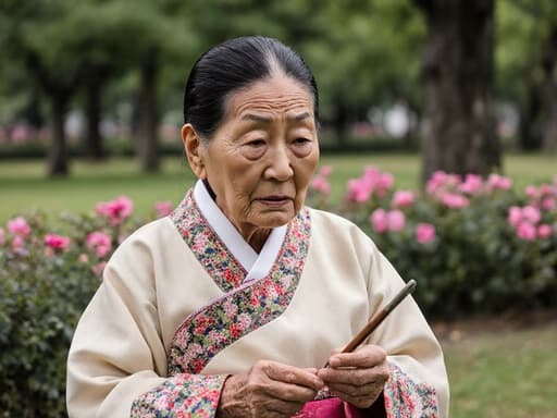 80대 한국인 여성의 반신 촬영, 주름이 드러난 자연스러운 미모를 보여줍니다. 그녀는 화려한 꽃무늬가 있는 전통 한복을 입고 있으며, 걱정스러운 표정을 지으며 손에 전통 공예 도구를 들고 앉아 있습니다. 주변은 푸른 나무와 꽃이 있는 평화로운 공원으로, 자연의 소음이 어우러져 있습니다.