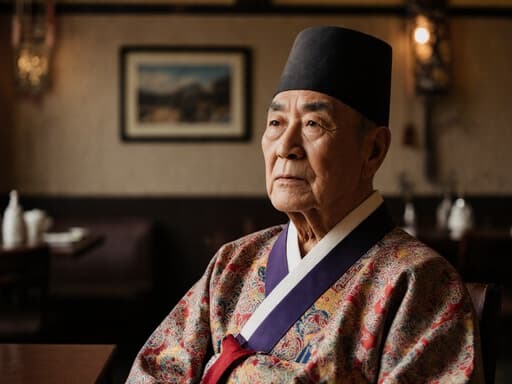 아늑한 카페에 편안하게 앉아 있는 70대의 동양인 남성이 전통적인 한복을 입고 있습니다. 그의 지혜로운 표정과 여유로운 자세는 평온함을 전달하며, 전통과 현대가 어우러진 따뜻한 분위기 속에 있습니다.