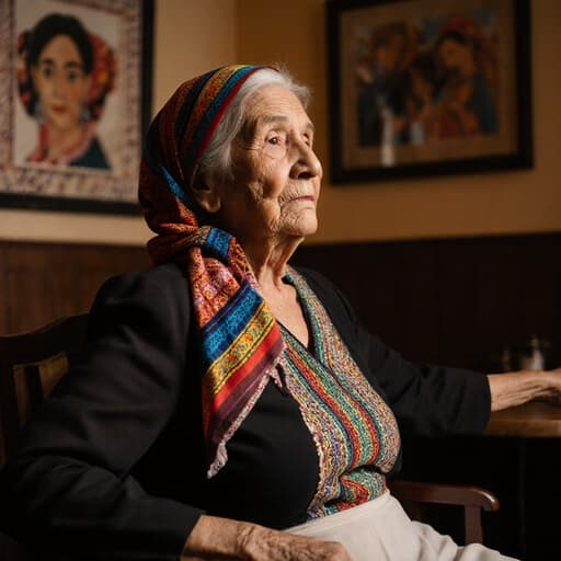 70대의 라틴계 여성의 반신 상반신 촬영으로, 주름이 있는 피부와 깊은 눈빛을 보여줍니다. 그녀는 전통적인 라틴계 의상을 입고 있으며, 화려한 스카프로 머리를 감싸고 있습니다. 슬픈 표정을 지으며 과거의 기억을 떠올리는 듯한 감정을 표현하고 있습니다. 아늑한 카페에서 몸을 부드럽게 늘이며 스트레칭을 하고 있습니다. 카페의 벽에는 전통적인 라틴계 아트워크가 장식되어 있습니다.