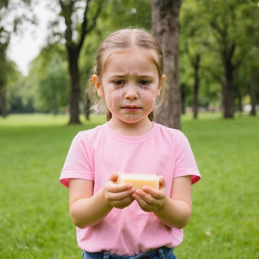 7세 백인 소녀가 자연스러운 외모로 분홍색 티셔츠와 청바지를 입고 슬픈 표정을 지으며 눈물을 흘리고 있습니다. 그녀는 비누를 쥐고 손을 씻으려는 자세로, 나무와 잔디가 있는 공원의 아름다운 배경 속에서 순수함과 연약함을 전달하고 있습니다.