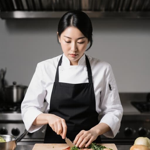 세련된 요리복과 앞치마를 입은 30대 한국인 여성의 매력적인 반신 사진으로, 깔끔하고 현대적인 주방에서 식재료를 능숙하게 손질하고 있습니다. 그녀의 고급스러운 표정은 요리 과정에 대한 집중을 나타내며, 요리 예술에 대한 전문성과 열정을 보여줍니다.