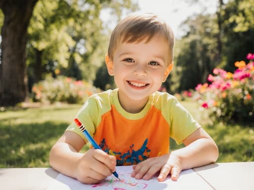 이 이미지는 귀엽고 사랑스러운 외모를 가진 3세 백인 남성이 밝은 색상의 티셔츠와 반바지를 입고 있는 모습을 담고 있습니다. 그는 한 손에 크레용을 쥐고 다른 손으로 그림을 그리며 즐겁게 웃고 있는 모습으로, 나무와 꽃들이 있는 햇살이 비치는 공원 배경에서 어린 시절의 즐거운 창의성을 포착하고 있습니다.