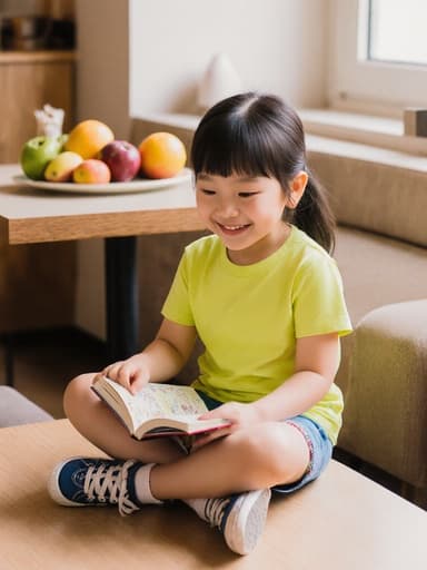 아늑한 카페에서 책을 읽고 있는 7세 아시아계 귀여운 소녀의 반신 사진. 밝은 색상의 티셔츠와 반바지를 입고 있으며, 순수한 미소와 행복한 표정을 지으며 크로스 레그로 앉아 있습니다. 배경에는 다양한 색상의 과일이 놓인 따뜻한 카페 내부가 보입니다.